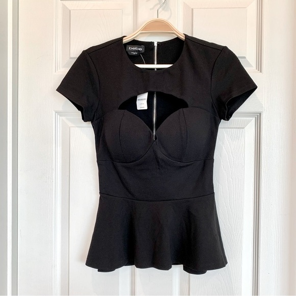 Bebe Black Sweetheart Bustier Neck Keyhole Peplum Top Blouse - Picture 4 of 7